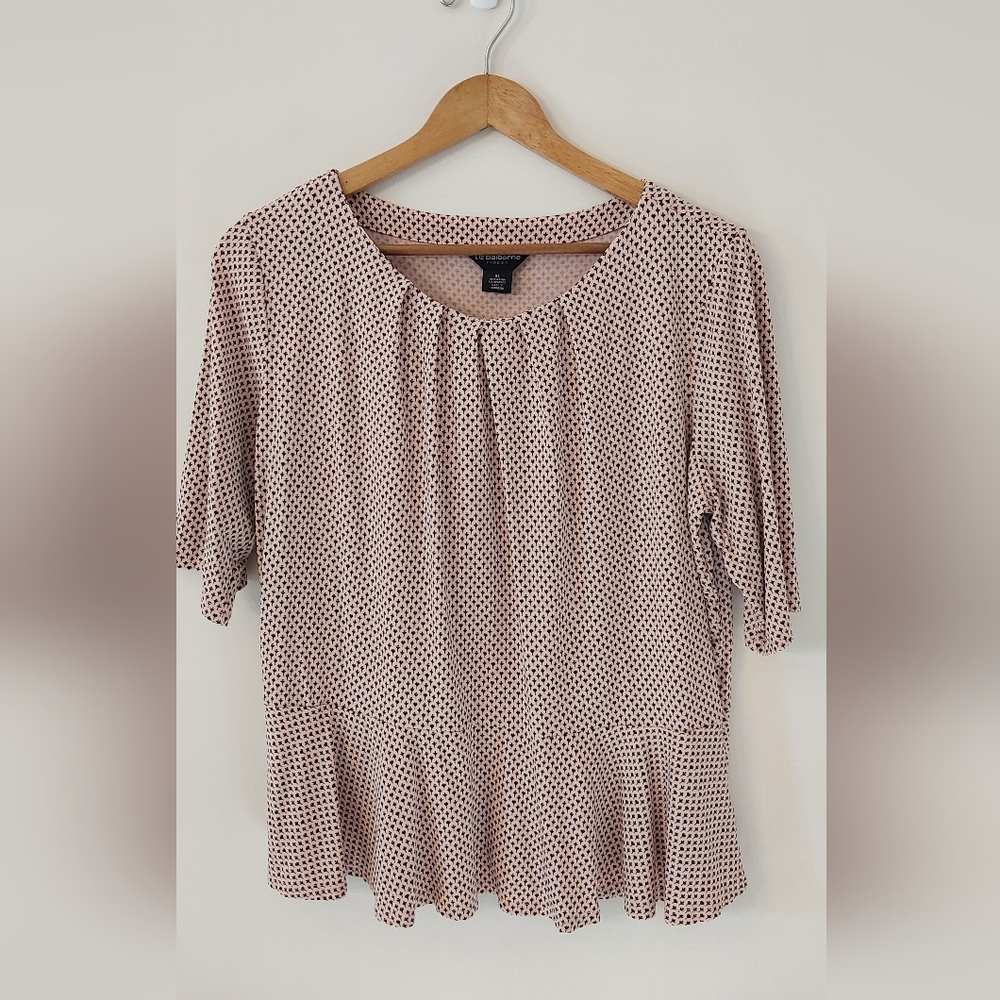 Liz Claiborne Career Womens Size XL Elbow Sleeve Peplum Top Pleated Neck Pink